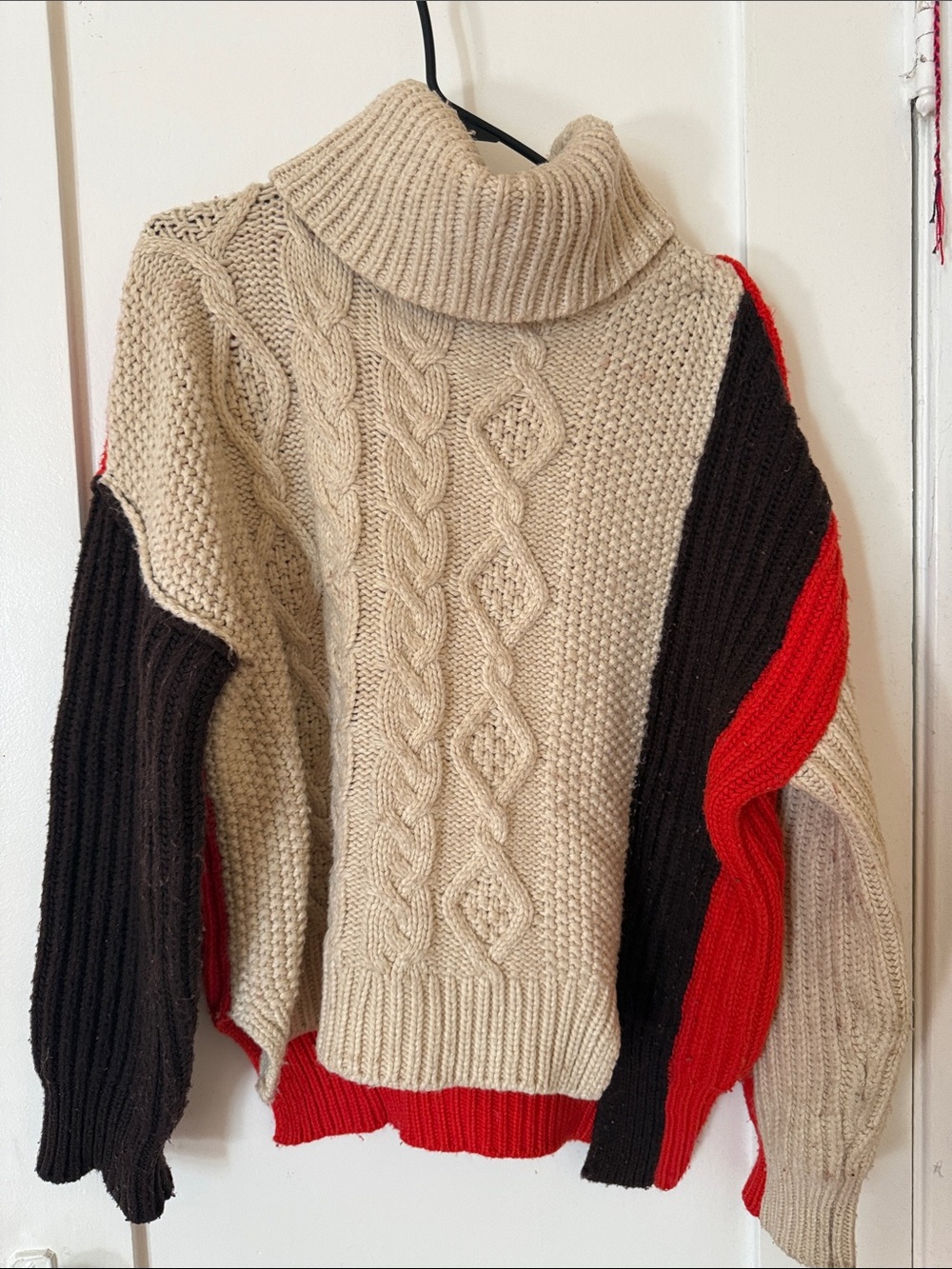 Zara Cable Knit Turtleneck Colorblock Sweater in Beige, Black & Red